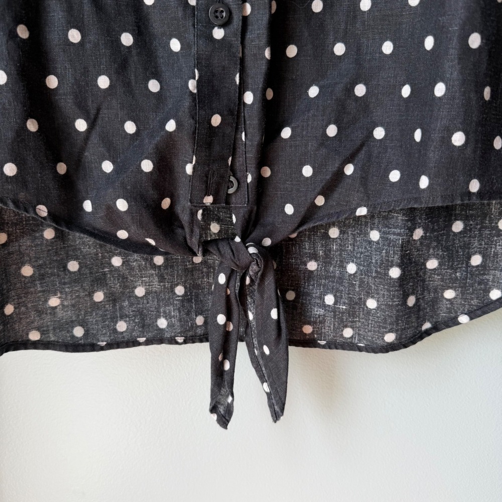 Chico's No-Iron 100% Linen Button Up Shirt Black White Polka Dot Tie Front 3 XL - Picture 6 of 12